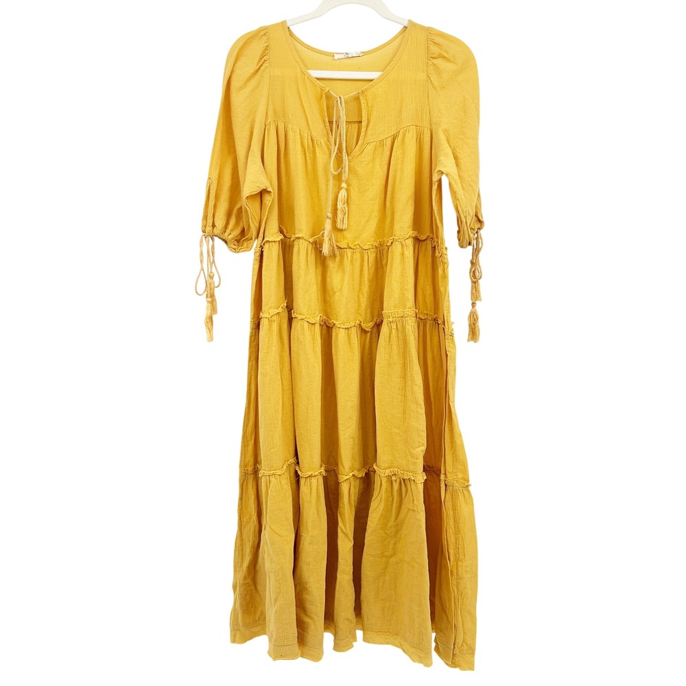 Easel‎ Womens Mustard Yellow Boho Festival Tiered Tassel Tie Midi Dress Size M